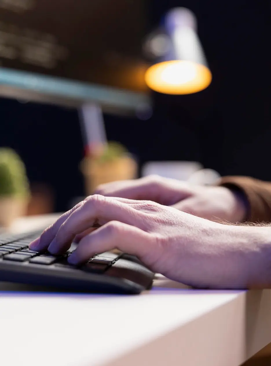 Frame 39 Hands typing on keyboard under warm desk lamp